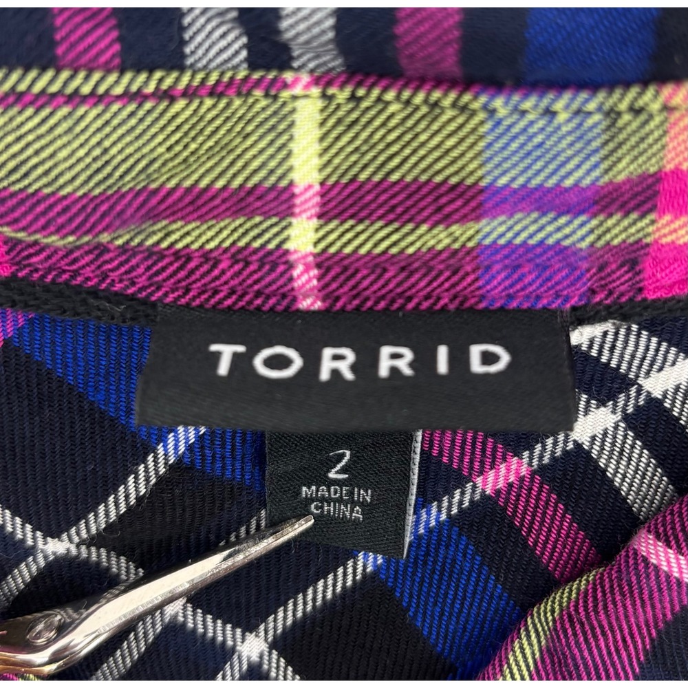 Torrid Button Down Shirt Women's 2 Multi Plaid Long Sleeve 100% Rayon - Picture 3 of 6